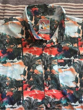 DIXXON Tequila Sunrise Tropical Button-Up Party Shirt in Coral, Teal & Black